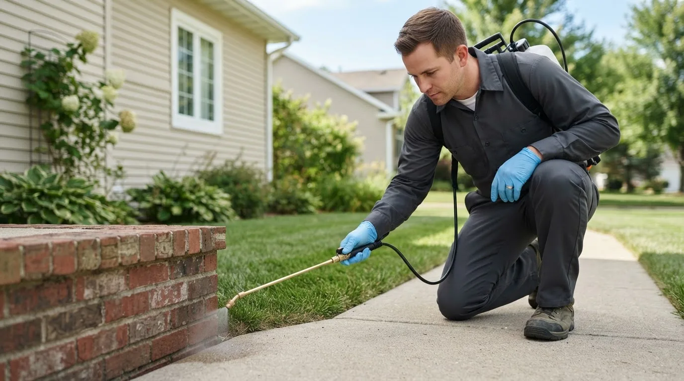 Pest control technician treating a home near Douglassville, PA
